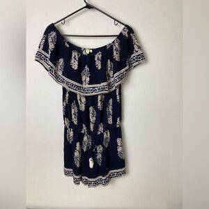 Navy Blue Off-Shoulder One Piece Shorts/Top with White Floral Pattern. Size S